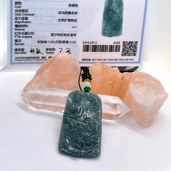 GRADE A Burmese Jadeite Jade Dragon & Kwan Yin Bodhisattva Hand Carved Pendant - Picture 10 of 12